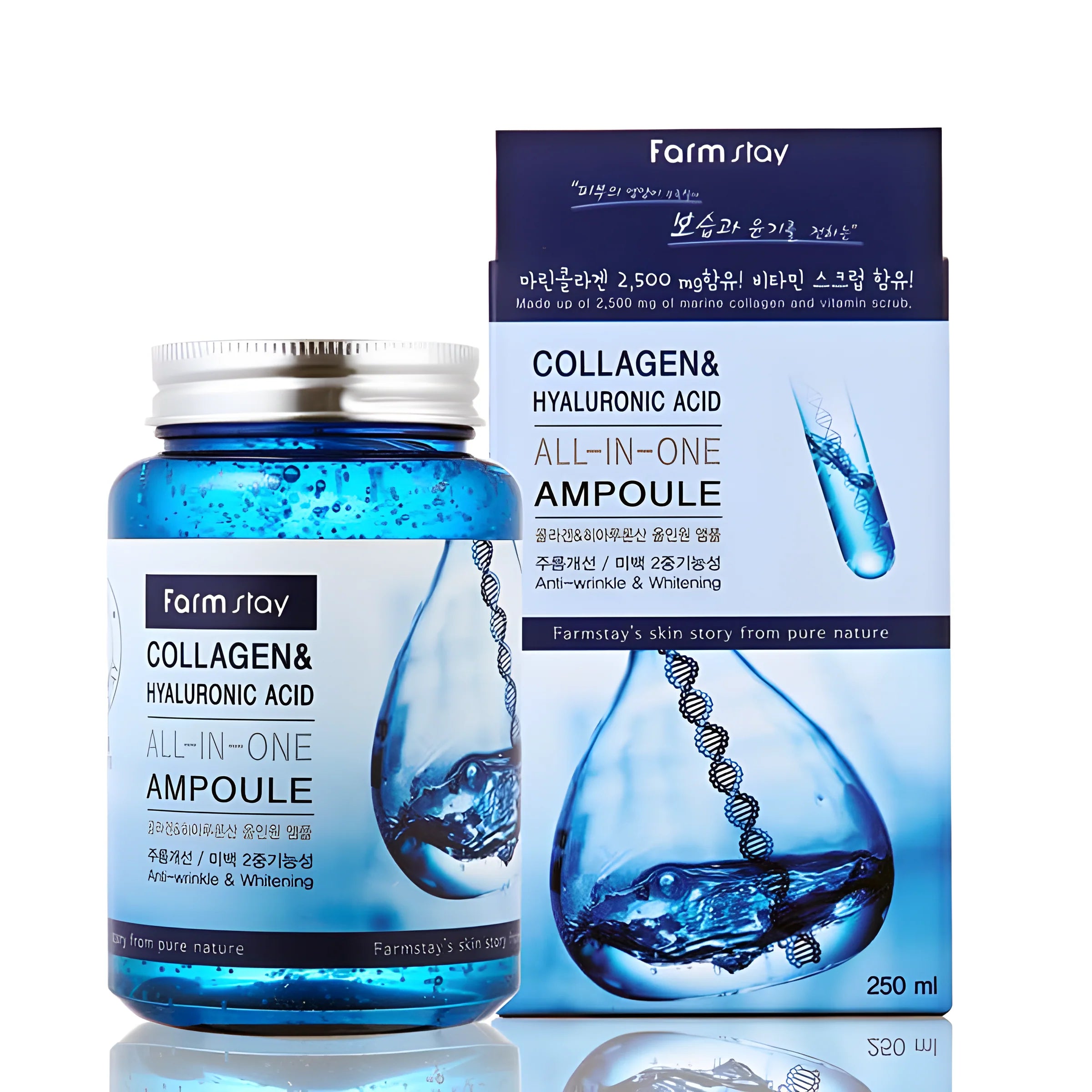 Ampulë Farmstay Collagen & Hyaluronic Acid All-In One nga BASSKO – hidraton thellë, rigjeneron dhe përmirëson elasticitetin e lëkurës.
