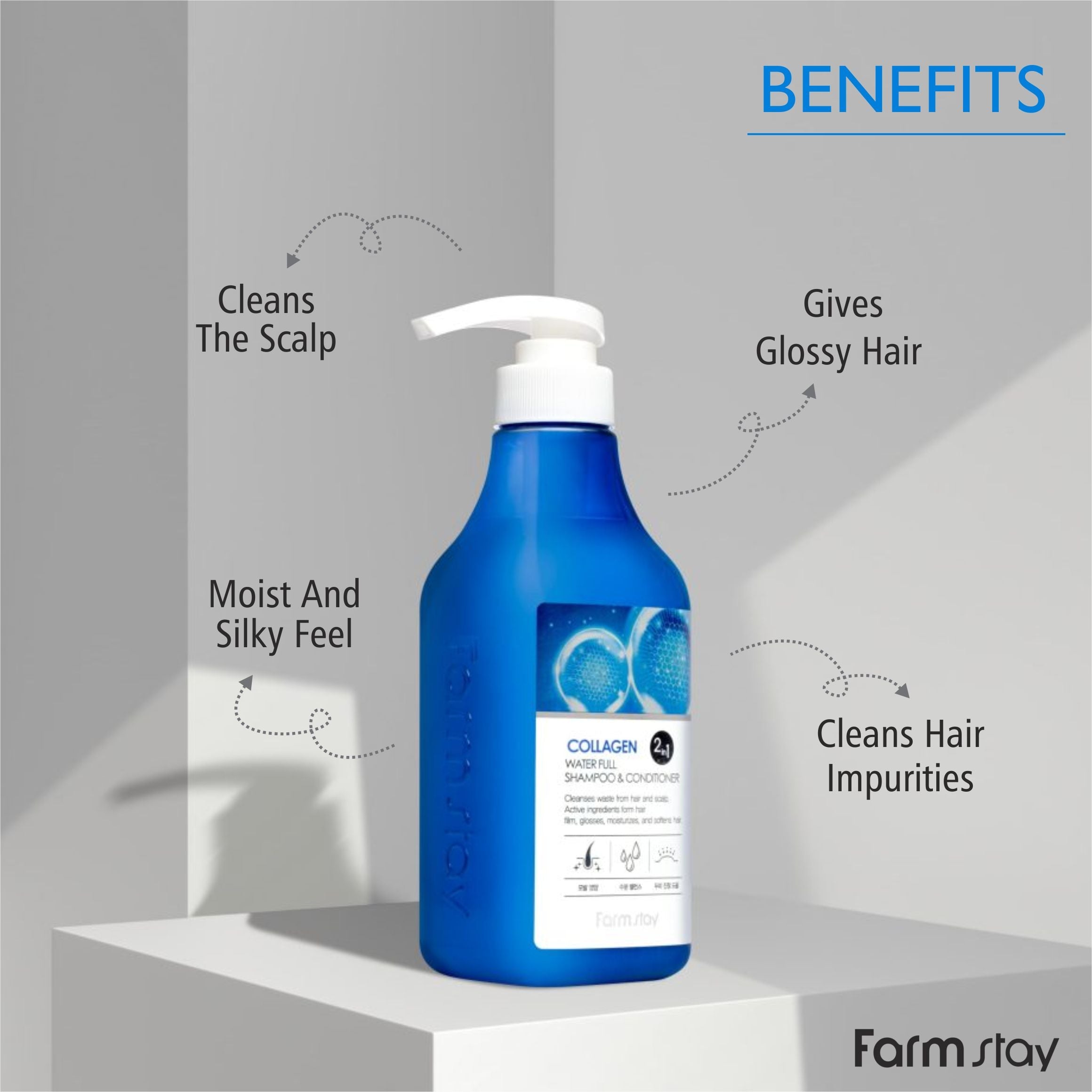 Shampo dhe balsam Farmstay Collagen Water Full nga BASSKO – forcon flokët, i ushqen me kolagjen dhe u jep shkëlqim natyral.