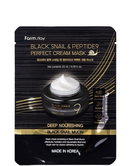 Maskë krem Farmstay Black Snail & Peptide 9 Perfect nga BASSKO – rigjeneron lëkurën, redukton rrudhat dhe jep efekt rinor e të ndritshëm.
