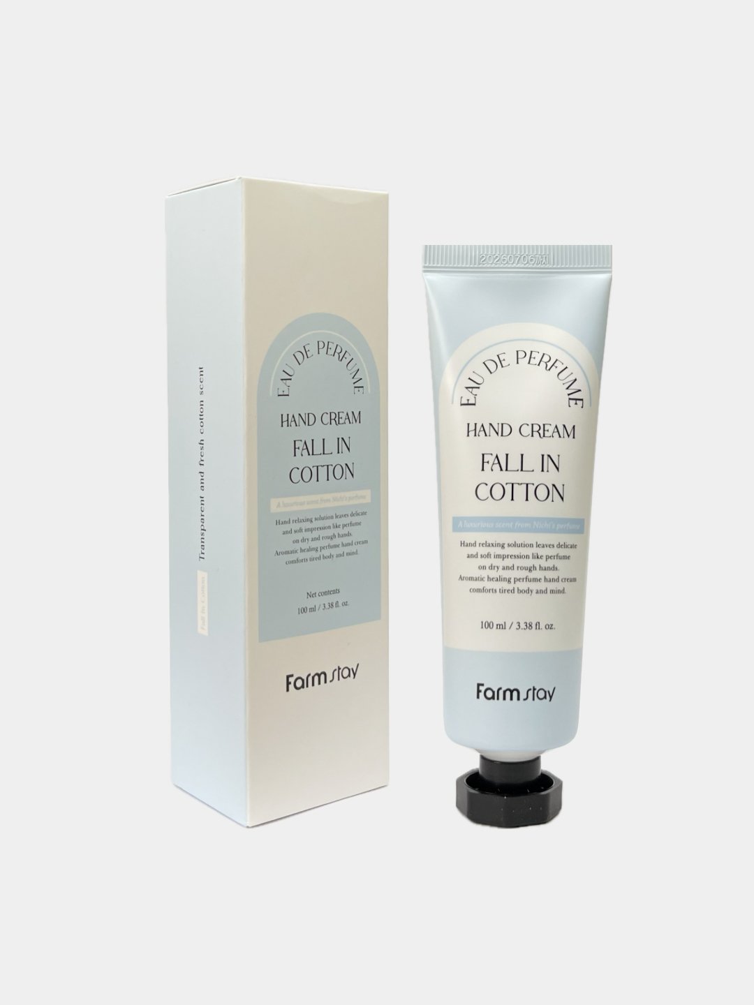 Farmstay Eau De Perfume Hand Cream Fall In Cotton – Krem duarsh me aromë “cotton” të pastër për hidratim, butësi dhe ndjesi të freskët