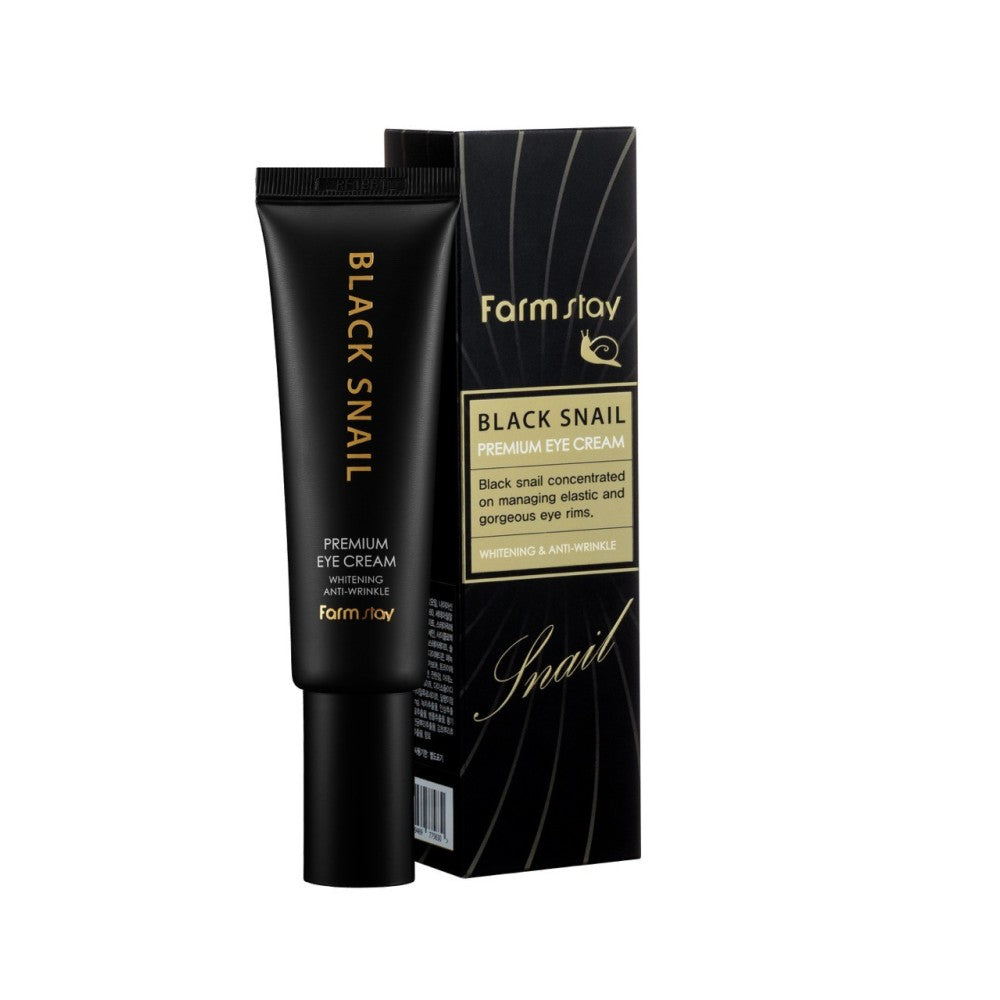 Kremi për sy Farmstay Black Snail Premium nga BASSKO – kujdes i avancuar kundër rrudhave me ekstrakt kërmilli për lëkurë të freskët dhe rinore.