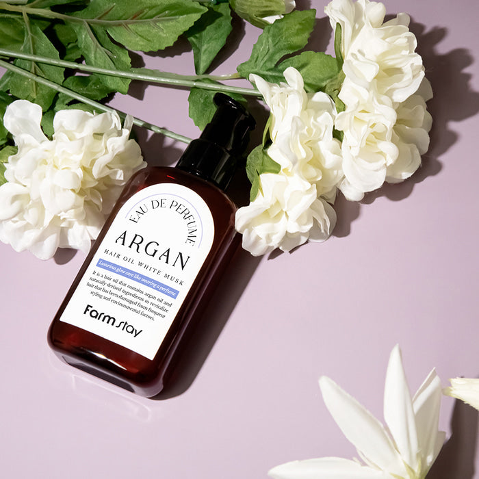 Farmstay Eau de Perfume Argan Hair Oil White Musk – vaj flokësh me argan dhe aromë musk të bardhë për ushqim dhe shkëlqim nga Bassko.