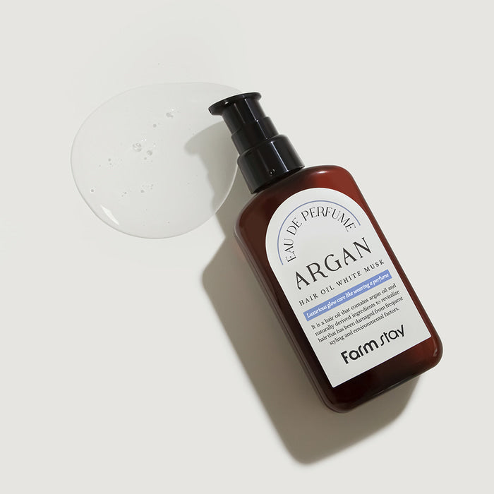 Farmstay Eau de Perfume Argan Hair Oil White Musk – vaj flokësh me argan dhe aromë musk të bardhë për ushqim dhe shkëlqim nga Bassko.