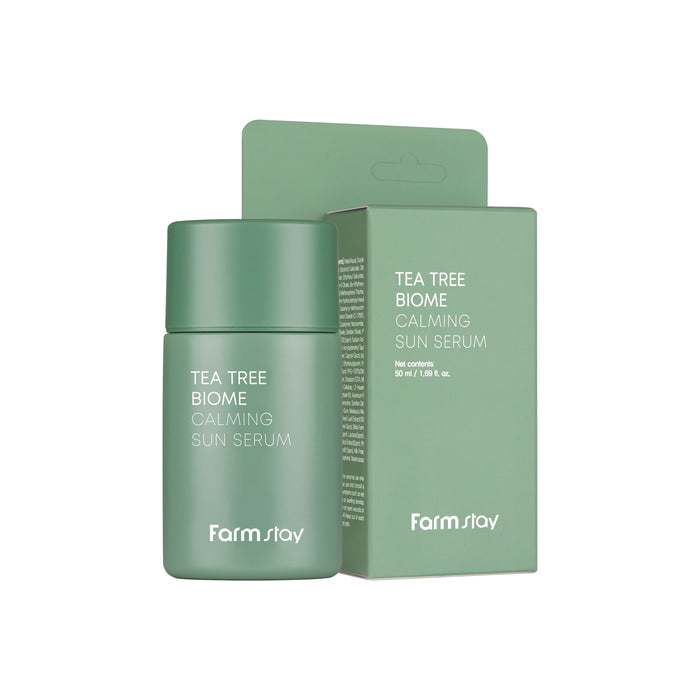 Farmstay Tea Tree Biome Calming Sun Serum – serum dielli i lehtë dhe qetësues me tea tree për mbrojtje dhe freski të lëkurës nga Bassko.